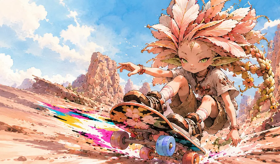 A girl riding her skateboard through a desert canyon